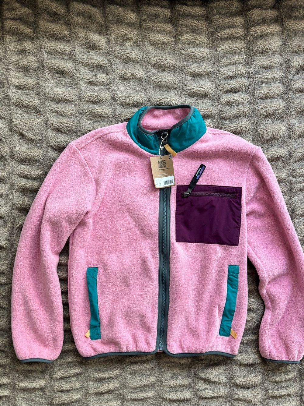 Patagonia Pink Kids Fleece Jacket with Teal Trim and Plum Pocket
